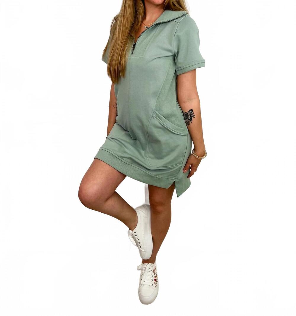 NEW DOE AND RAE setting the pace cotton blend short sleeve mini dress in green
